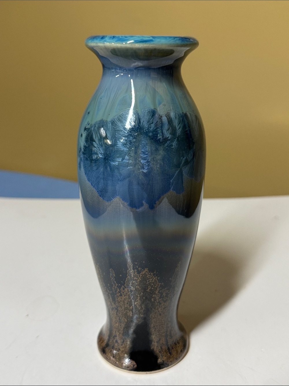 Bill Campbell art pottery crystalline flambeaux bud vase 7.5” tall